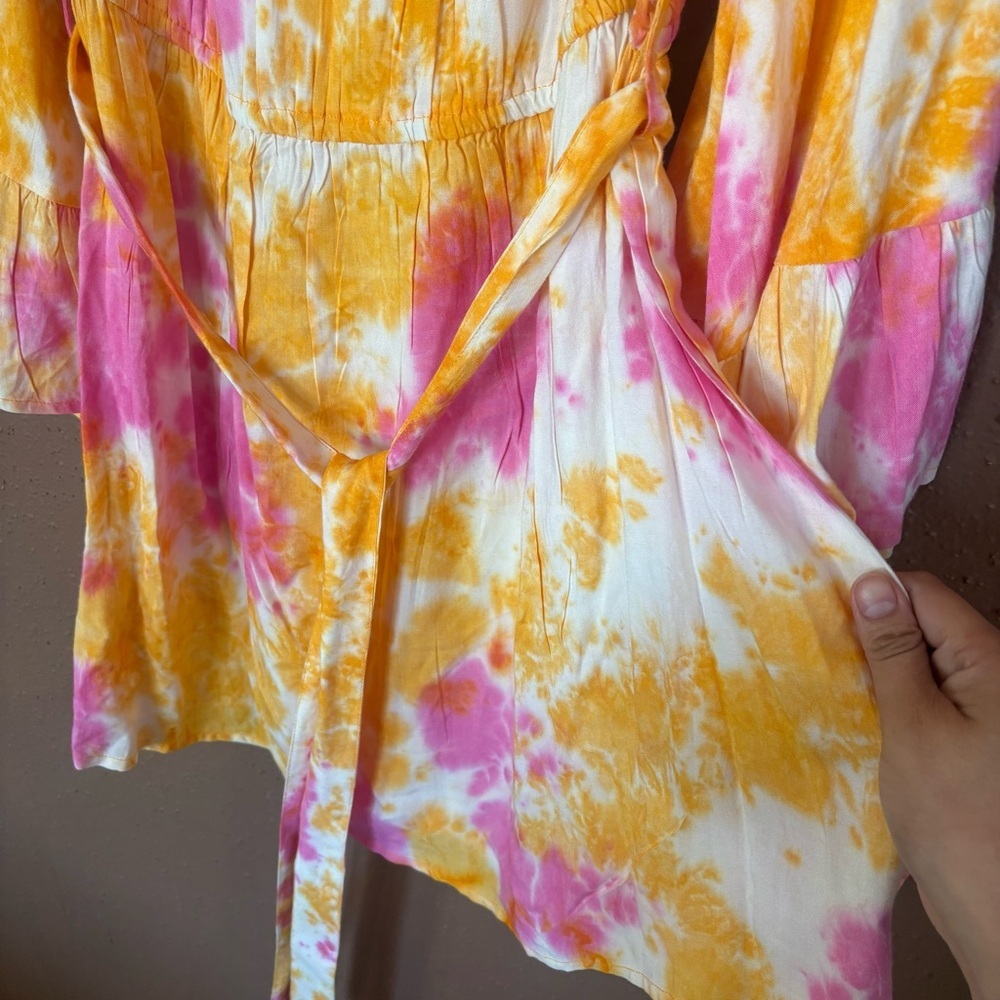 Feathers Pink Orange Tie Dye Off The Shoulder Bell Sleeve Mini Dress XL NWT - Picture 4 of 5